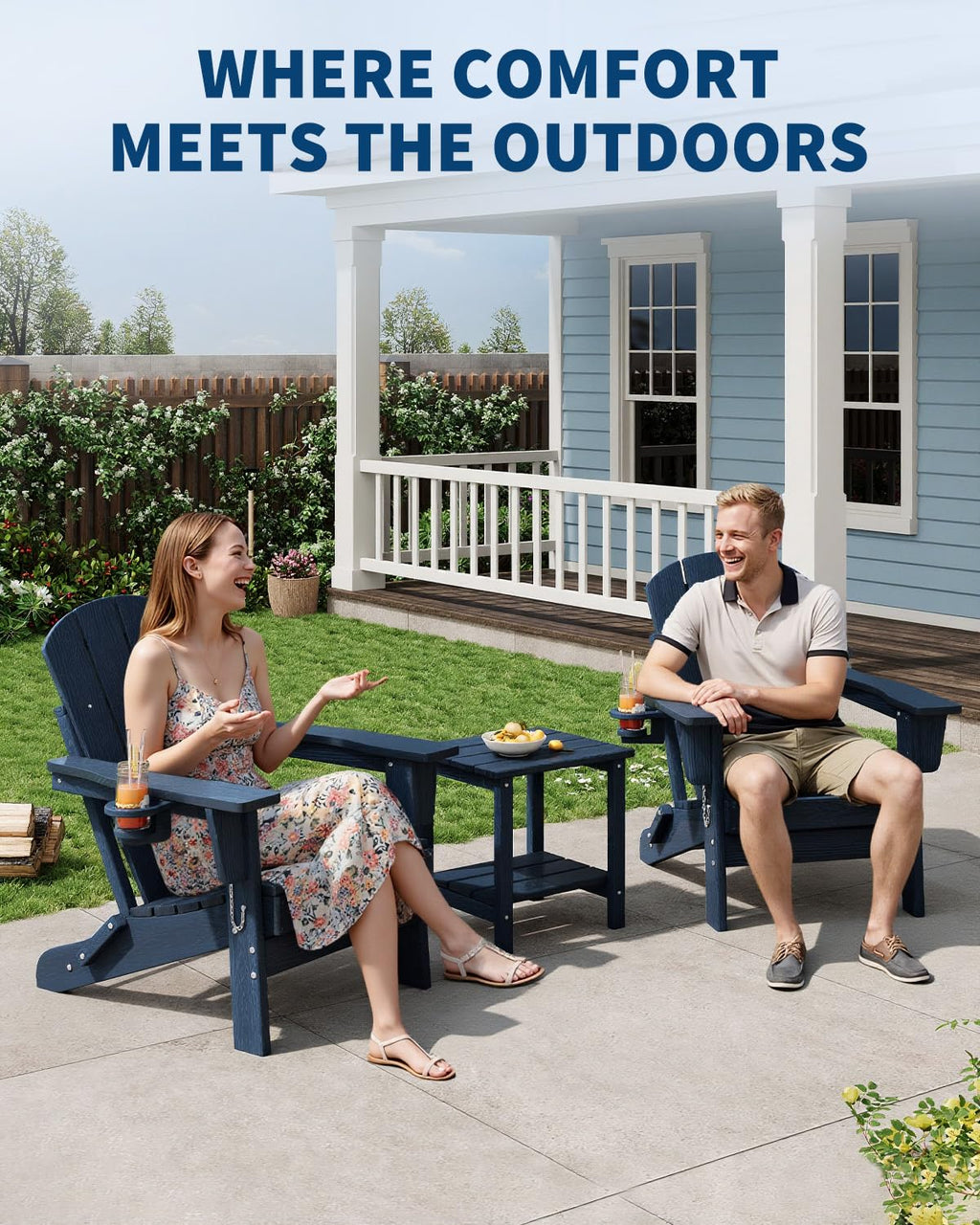 HDPE Folding Adirondack Chair Set of 2 with Side Table, Navy Blue P523724