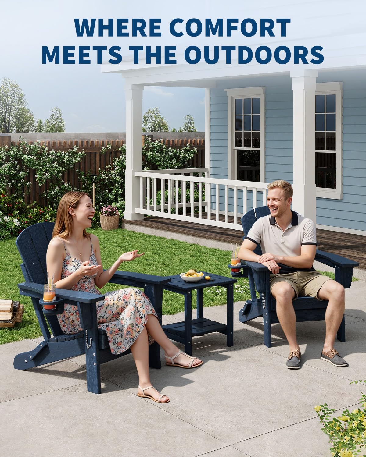 HDPE Folding Adirondack Chair Set of 2 with Side Table, Navy Blue P523724
