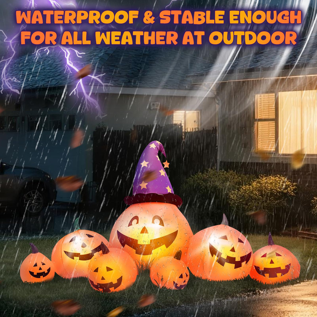 8 FT Inflatable Pumpkins and Witch Hat with Built-in LED Lights E1542
