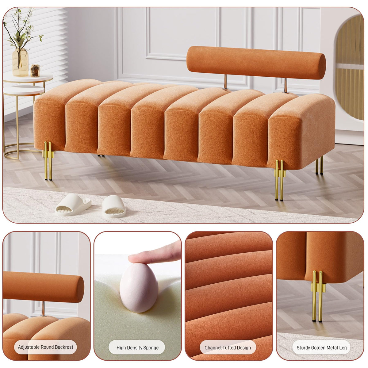 Orange Velvet Bench Ottoman D237731