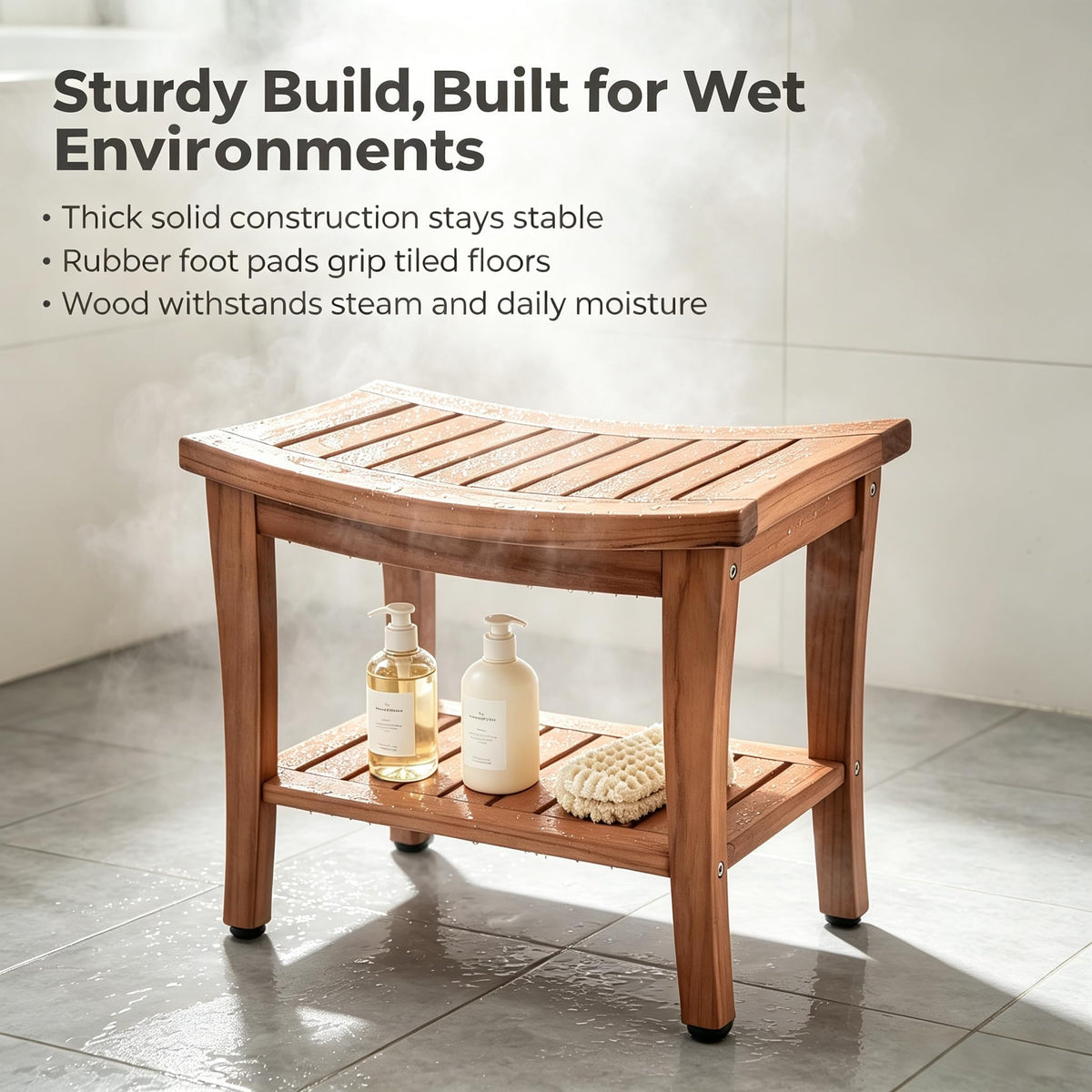 Teak Shower Bench Stool with Shelf V93457
