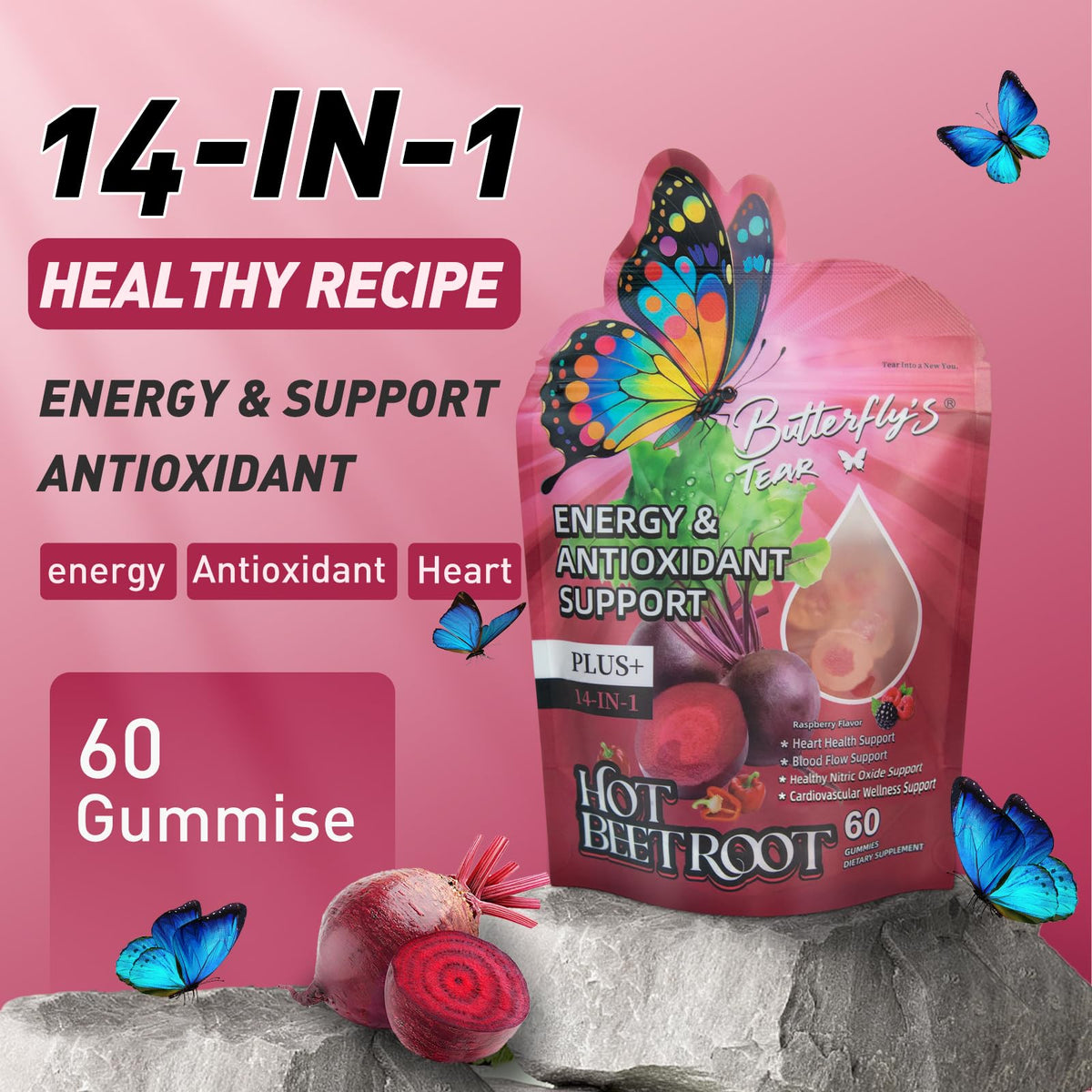 Beet Root Gummies with Vitamin D3, K2, E, Grape Seed & Hawthorn, Sugar Free, 60 Count (Pack of 3) Q23587