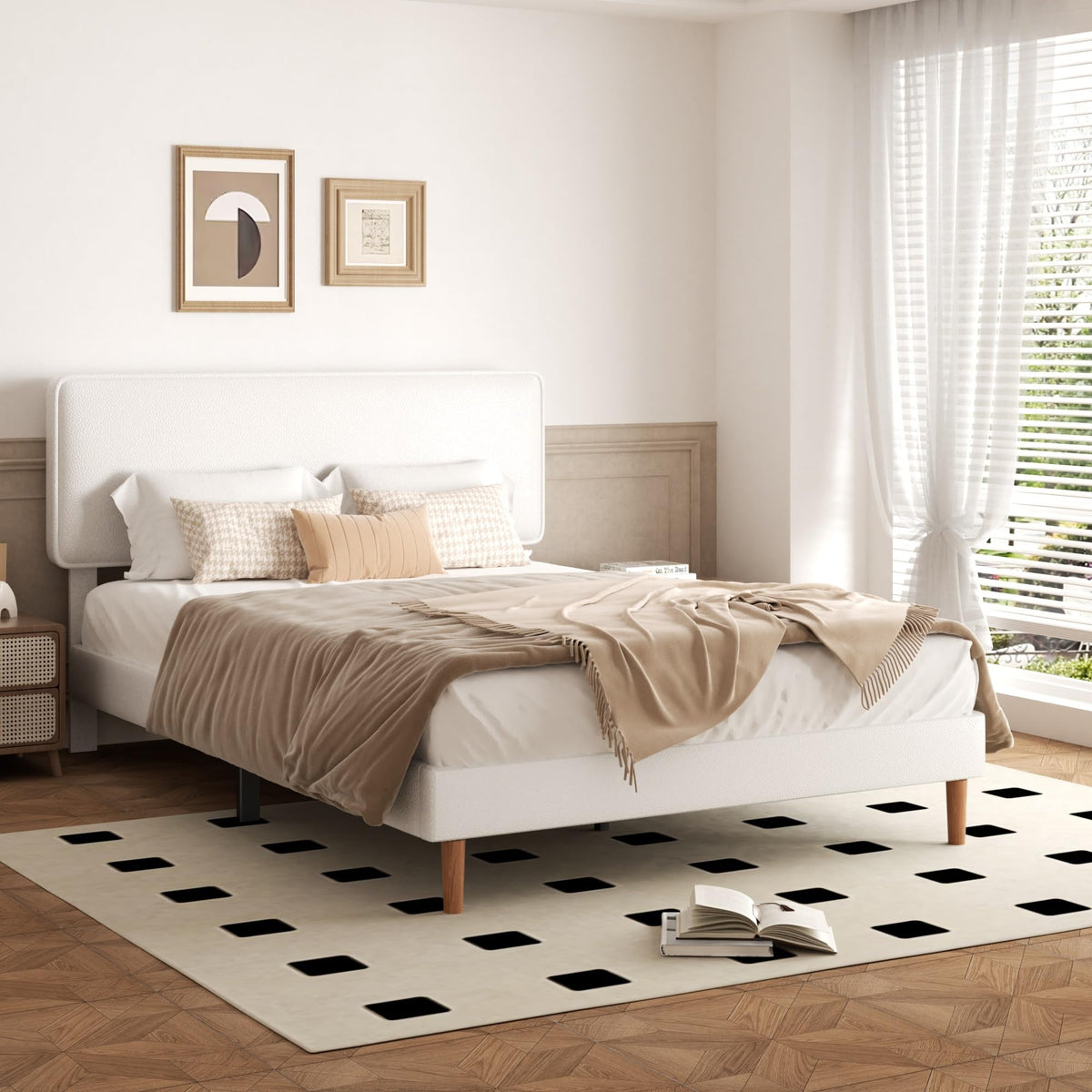 White Upholstered Bed Frame with Adjustable Headboard K278428