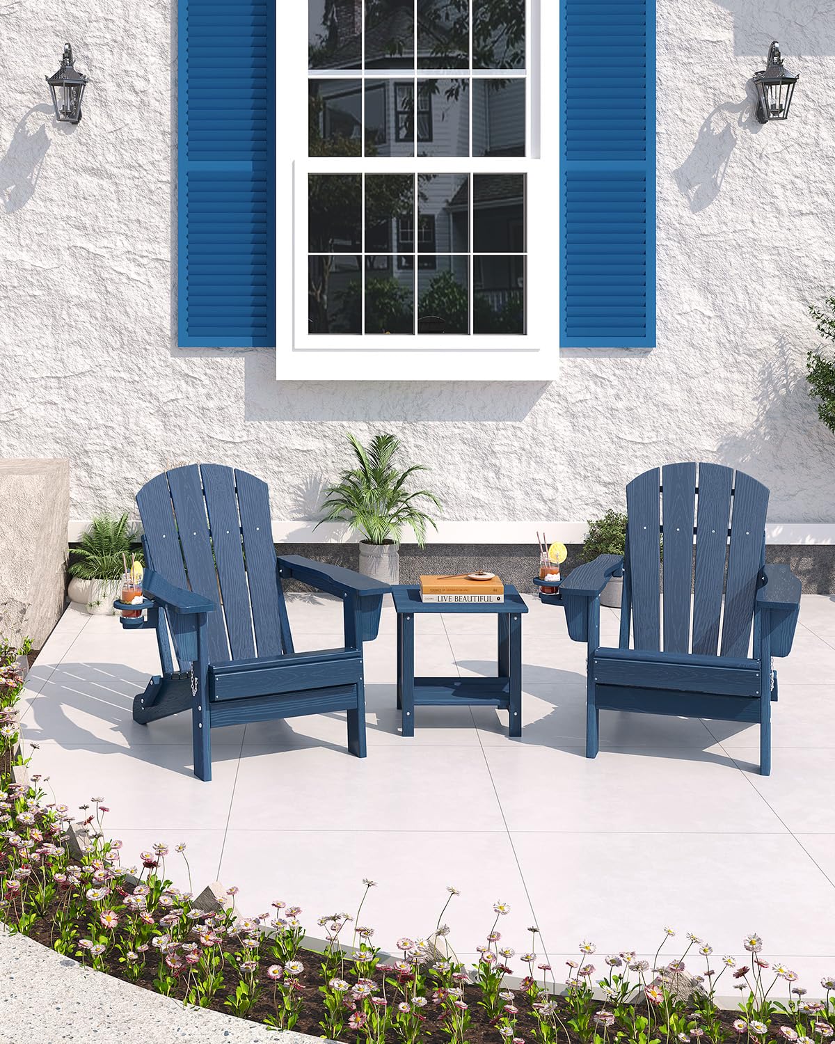 HDPE Folding Adirondack Chair Set of 2 with Side Table, Navy Blue P523724