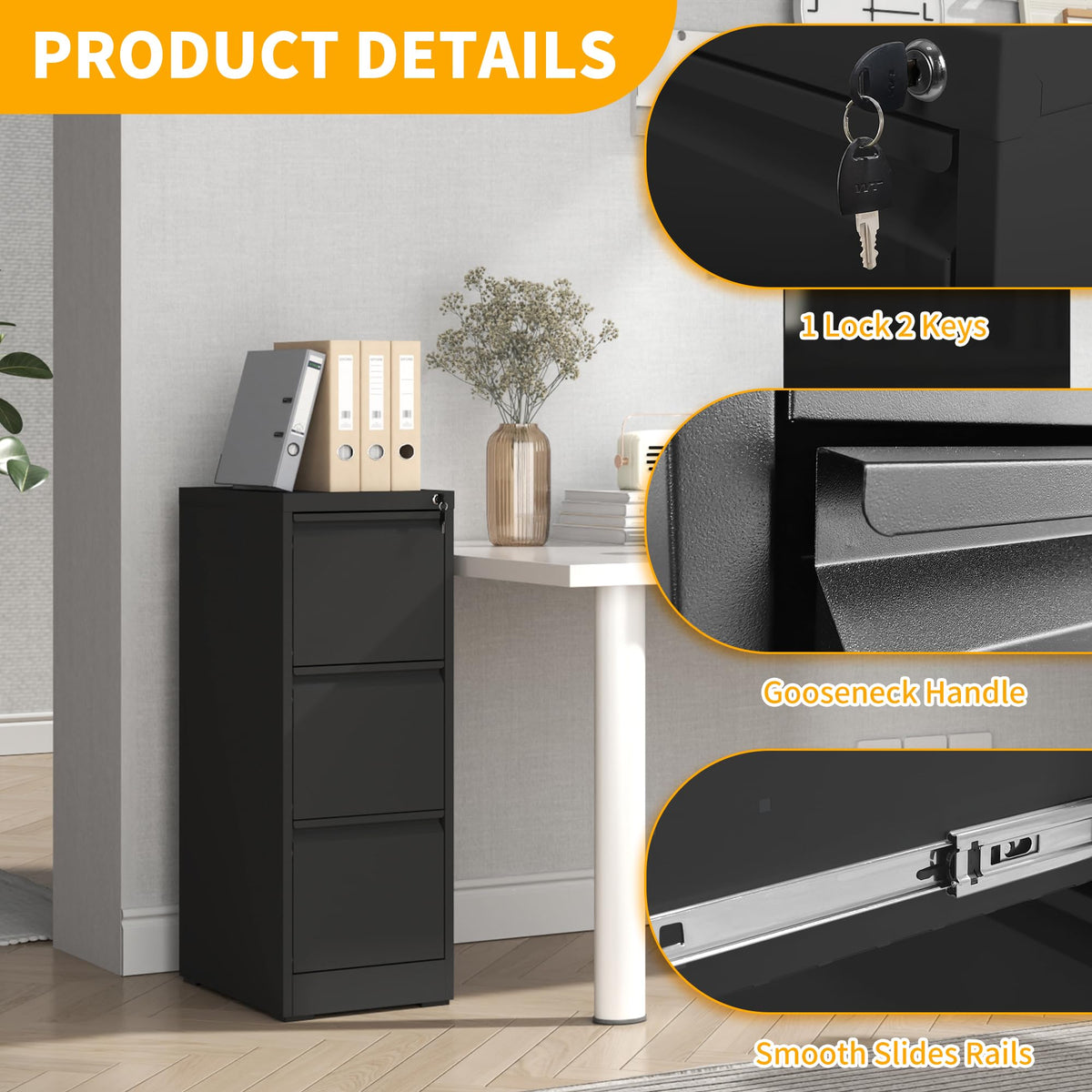 3 Drawer Black Metal File Cabinet with Lock G18193