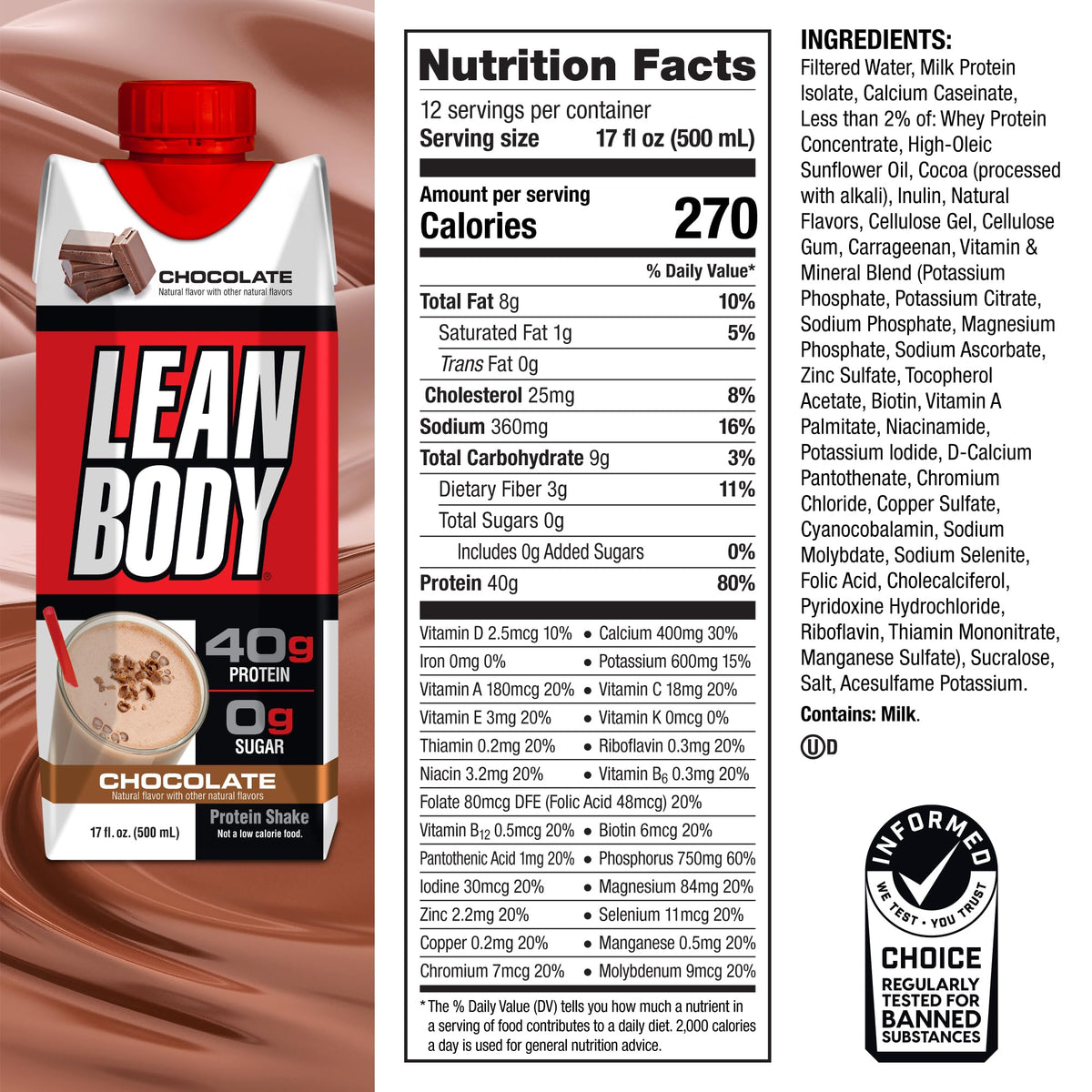 Chocolate Protein Shake, 40g Protein, 0 Sugar, 17 Fl Oz (Pack of 12) Q257629