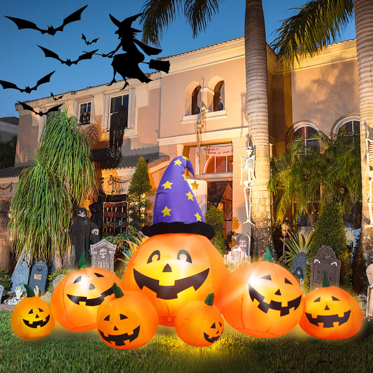 8 FT Inflatable Pumpkins and Witch Hat with Built-in LED Lights E1542