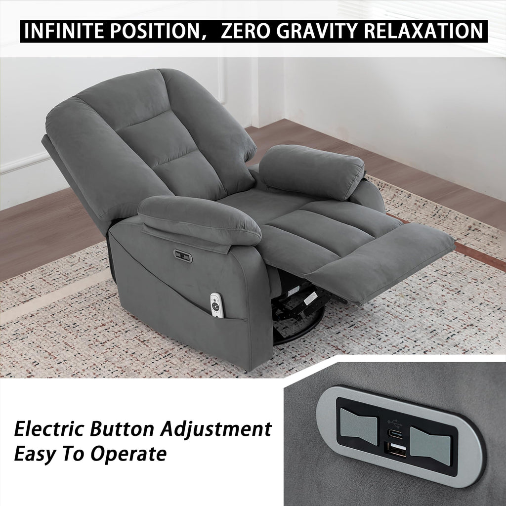 Velvet Grey Power Swivel Rocker Recliner with Massage and Heat V356
