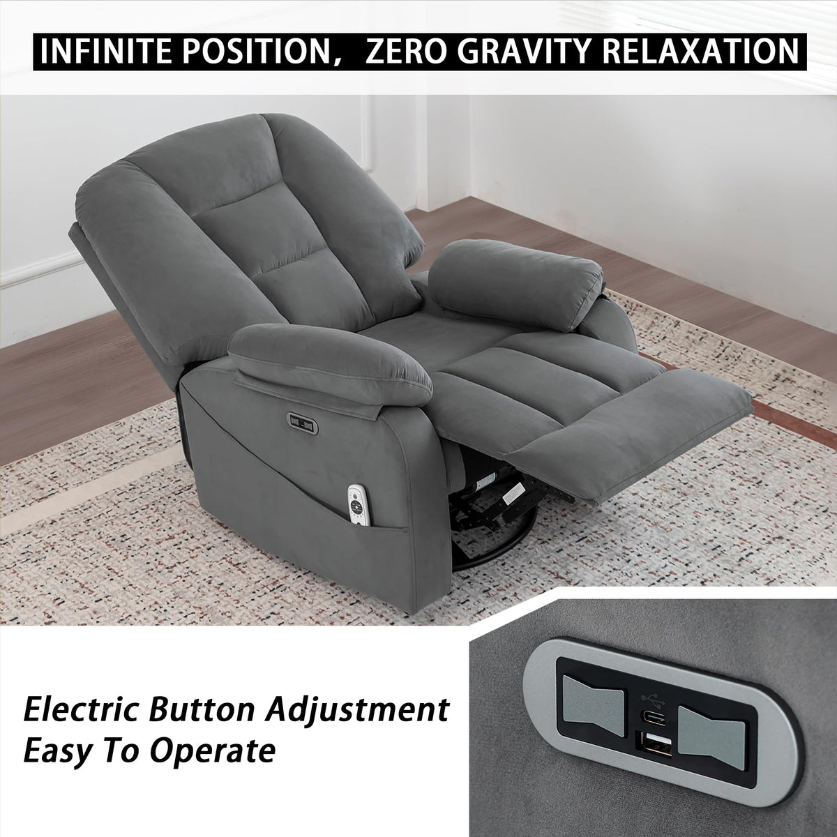 Velvet Grey Power Swivel Rocker Recliner with Massage and Heat V356