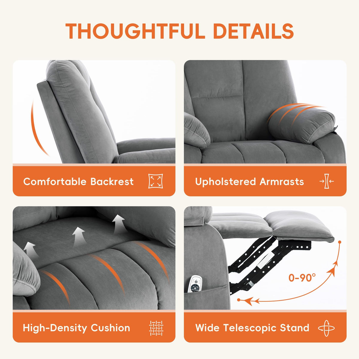 Velvet Grey Power Swivel Rocker Recliner with Massage and Heat V356