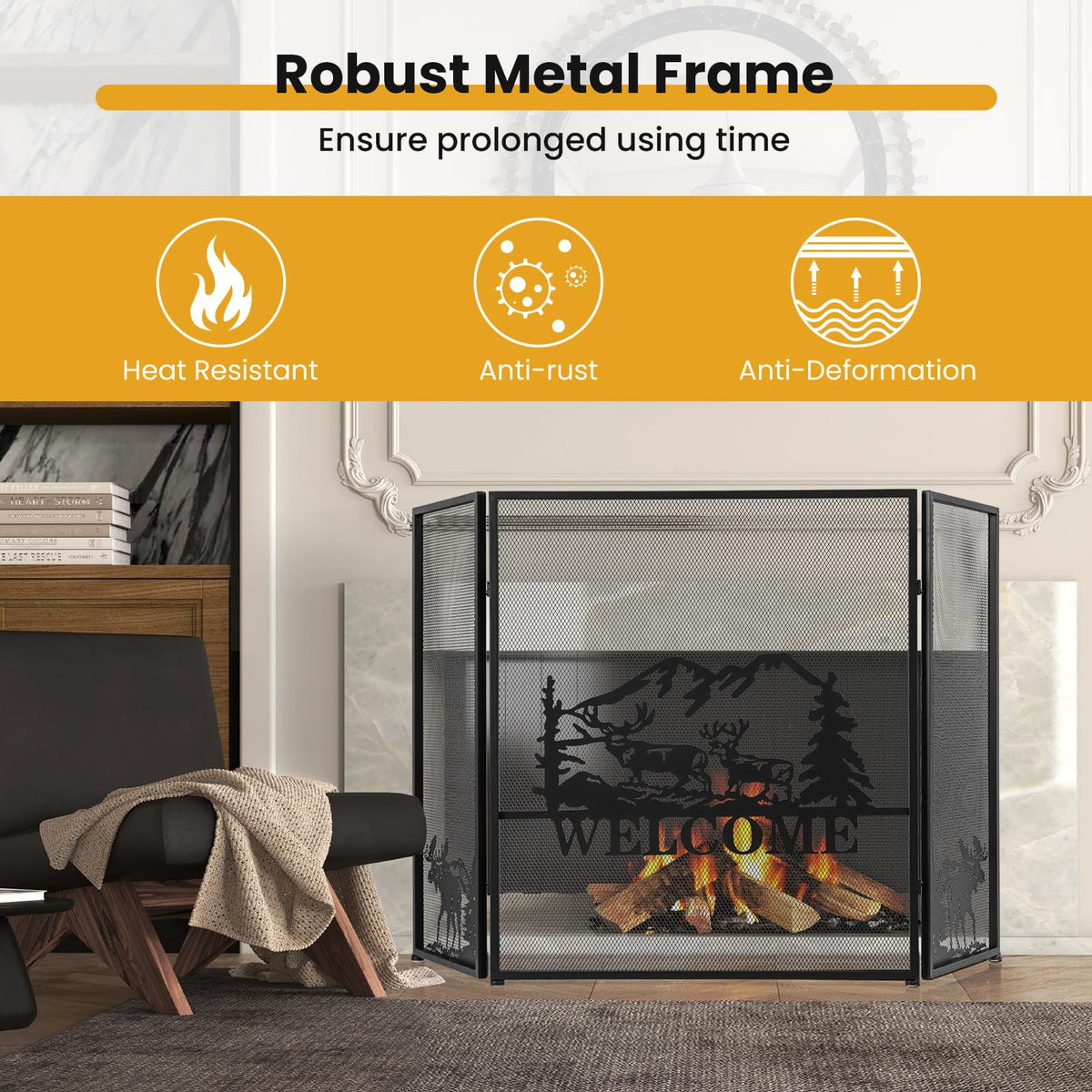 Foldable Fireplace Screen with Moose Pattern G52462