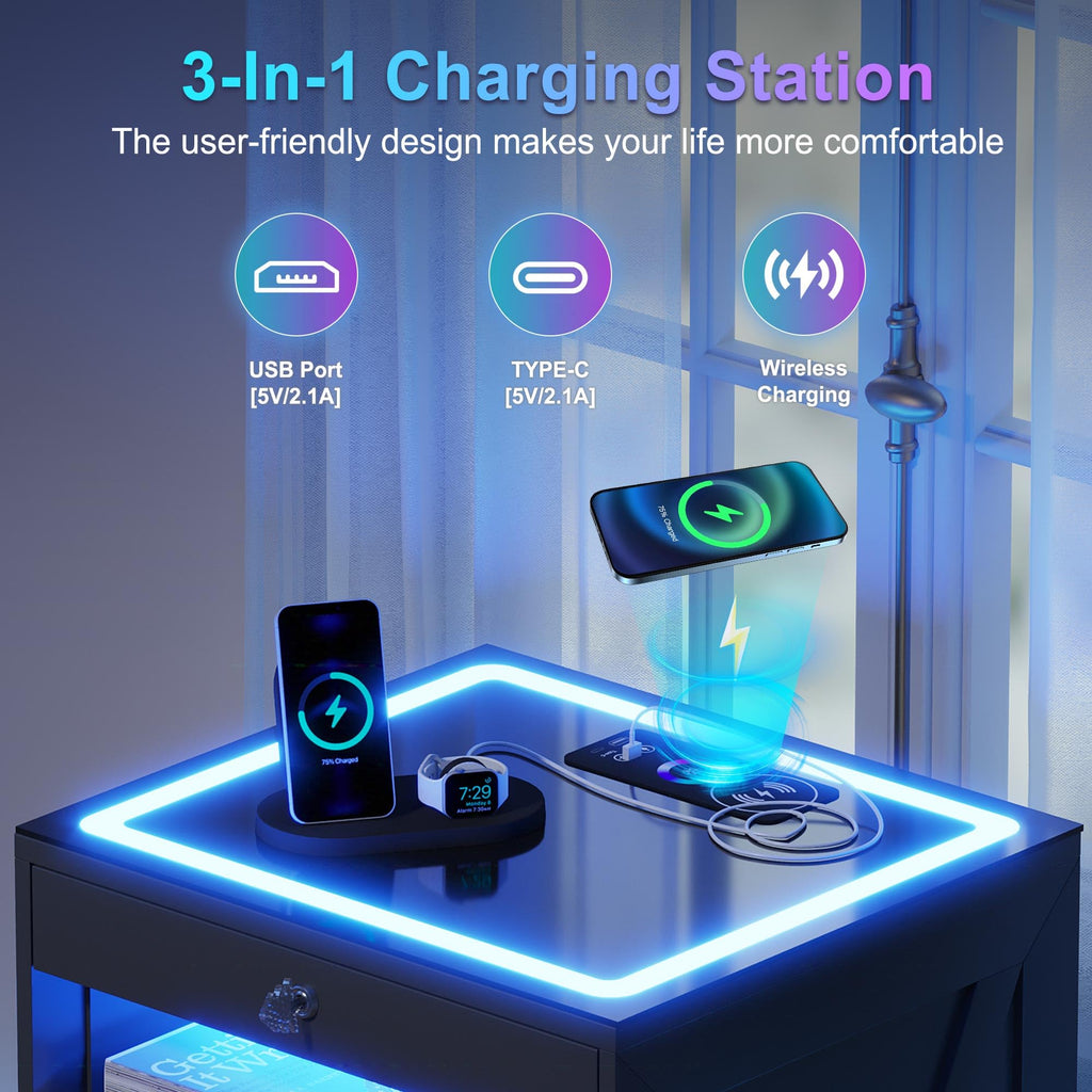 Black Glass Top LED Nightstand with Wireless Charger B898851