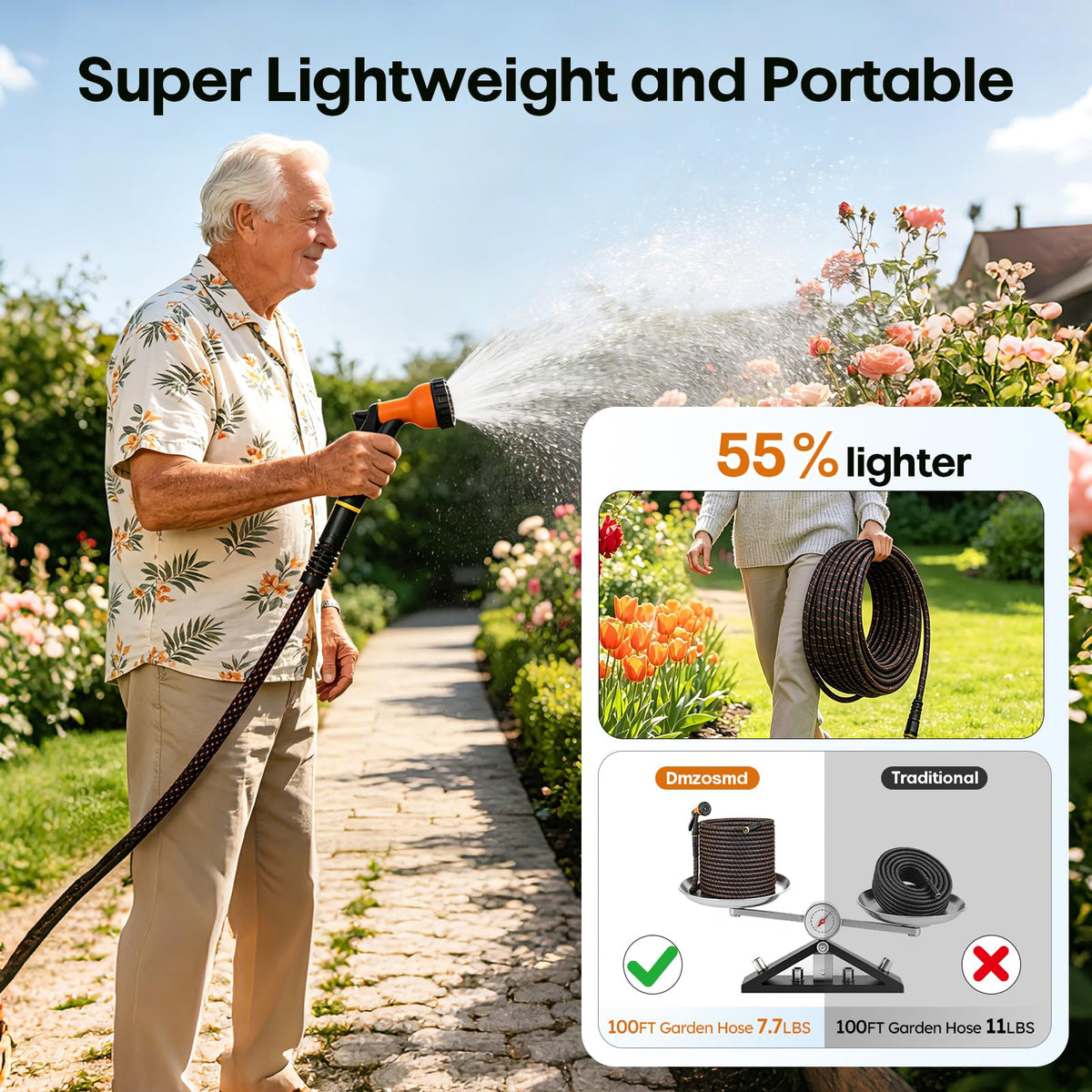 3/4" Flexible Non-Expandable Garden Hose with 10 Function Nozzle, 100ft B807