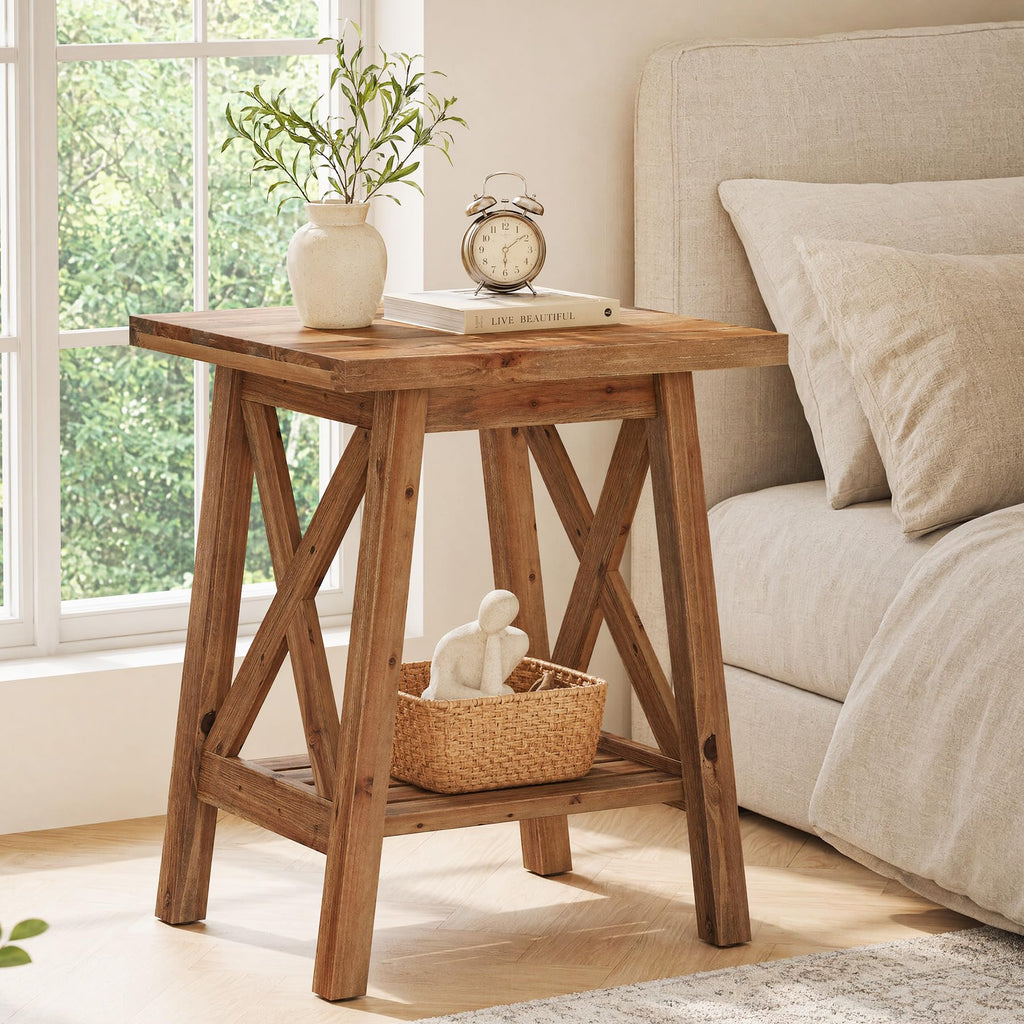 Solid Wood End Table Set of 2, Square Side Table with Storage, 2-Tier Nightstand, Brown Z19231