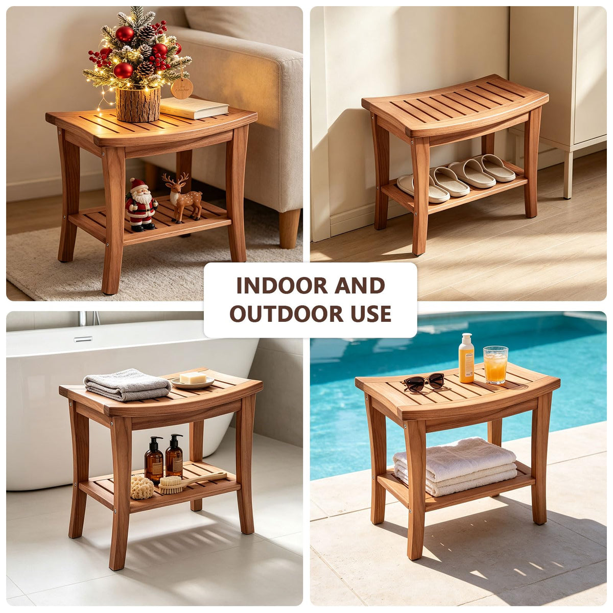 Teak Shower Bench Stool with Shelf V93457