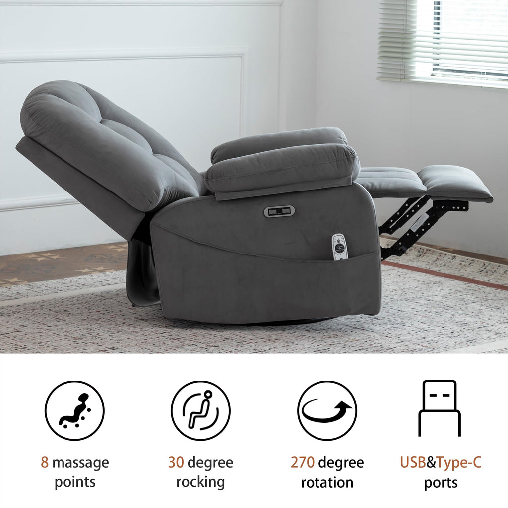 Velvet Grey Power Swivel Rocker Recliner with Massage and Heat V356