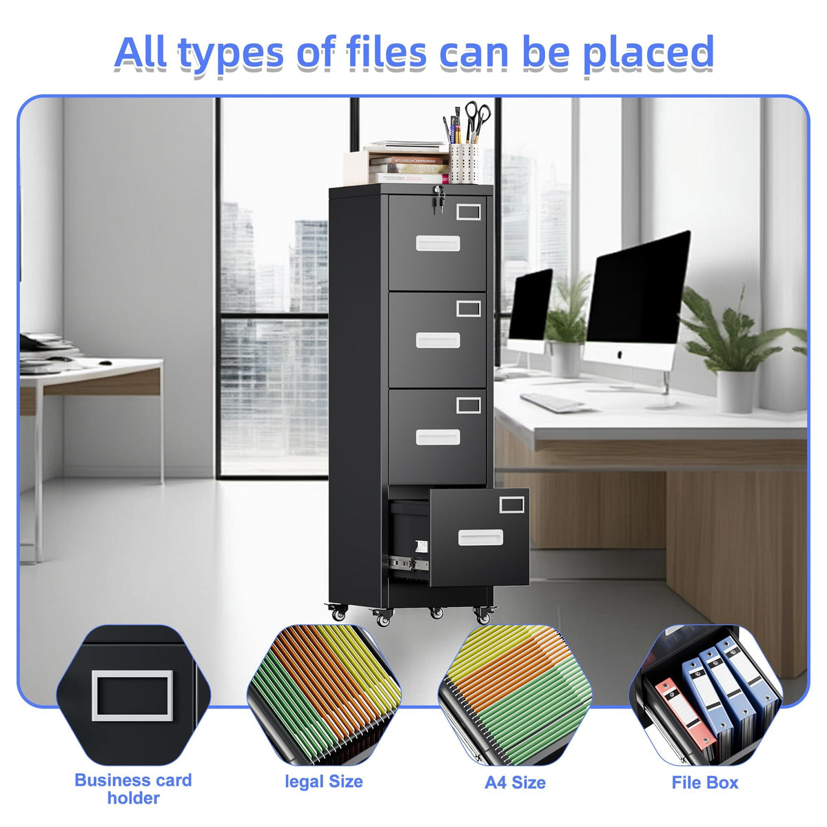 4 Drawer Metal File Cabinet with Lock, Black J831547