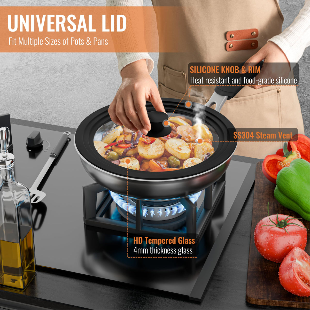 Tempered Glass Pot Lid with Silicone Rim, 10.5", 11" and 12" M381