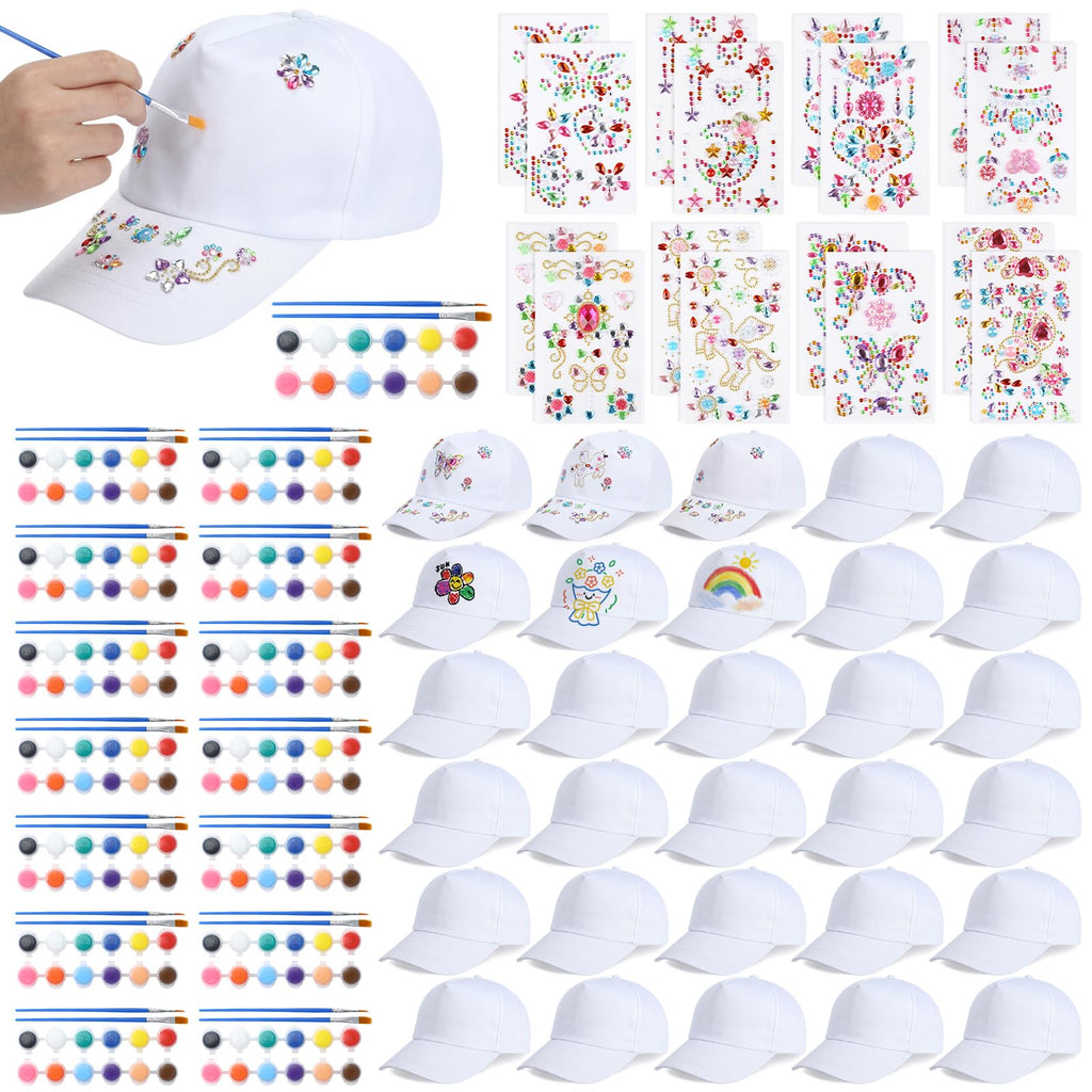 30 Pcs White Blank Adjustable Baseball Caps with Acrylic Paint Brushes Q6993