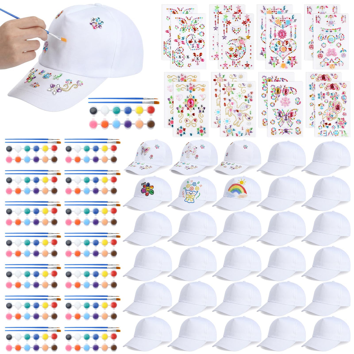 30 Pcs White Blank Adjustable Baseball Caps with Acrylic Paint Brushes Q6993