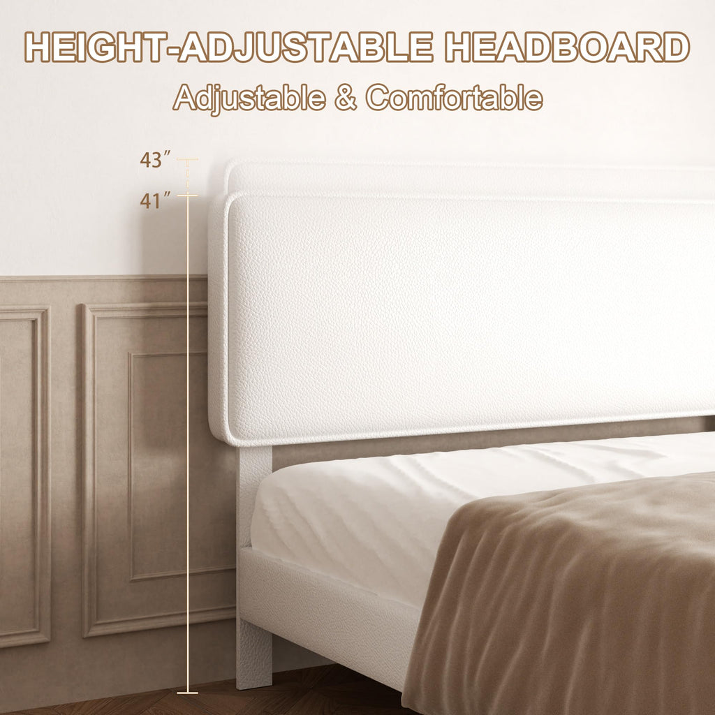 White Upholstered Bed Frame with Adjustable Headboard K278428