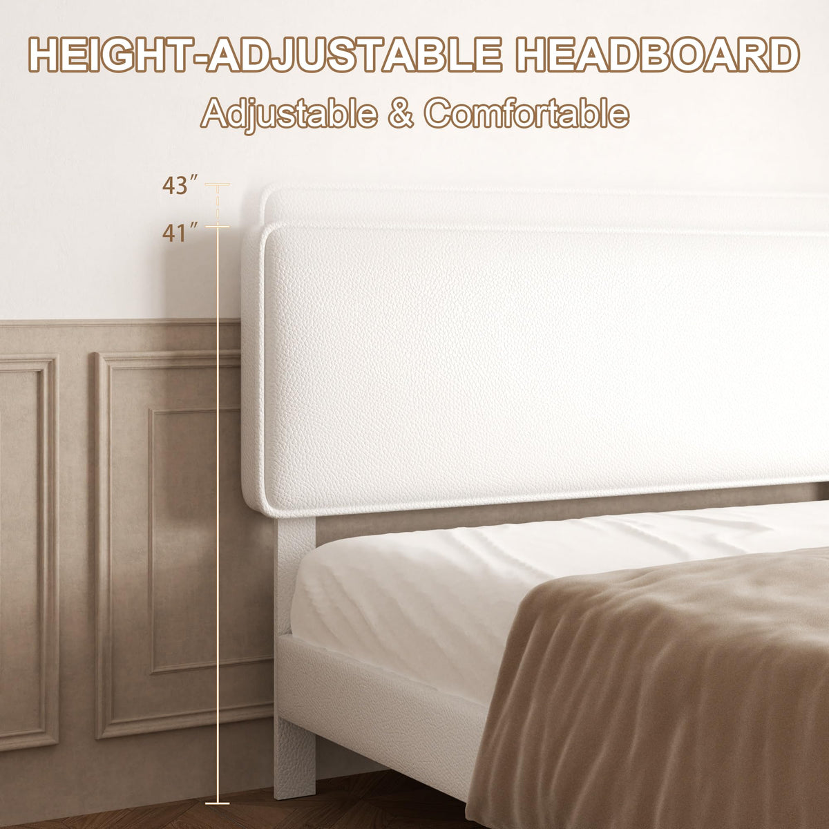 White Upholstered Bed Frame with Adjustable Headboard K278428