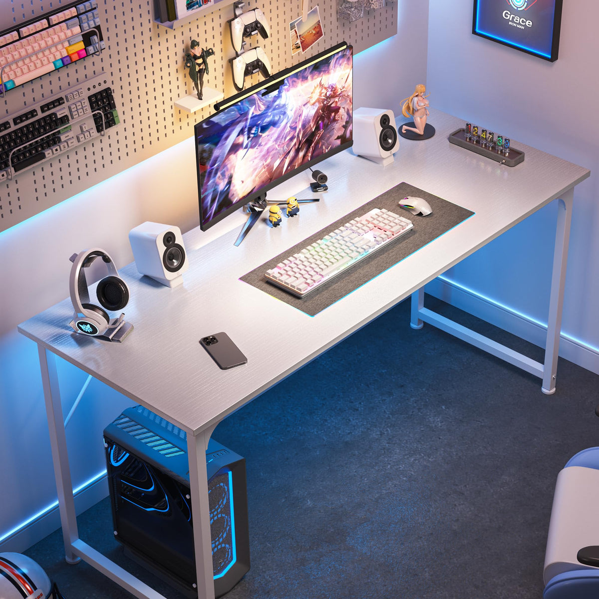 55 Inch White Computer Desk with Metal Frame S552646
