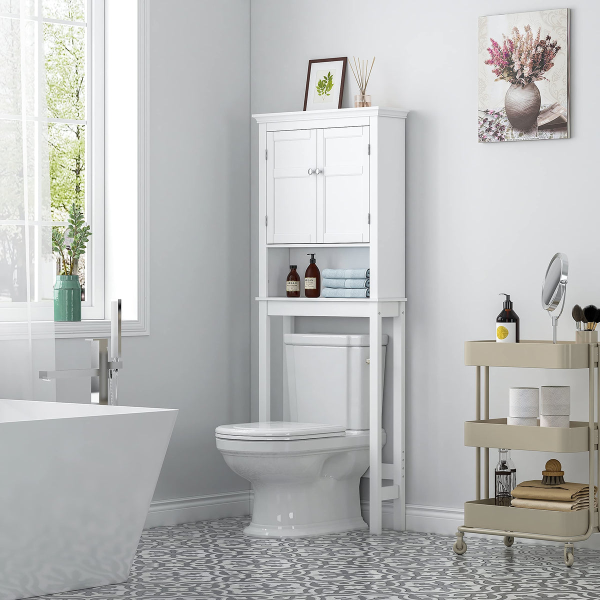 Over the Toilet Storage Cabinet with Doors and Adjustable Shelf V191353