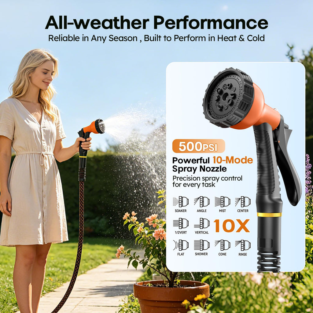 3/4" Flexible Non-Expandable Garden Hose with 10 Function Nozzle, 100ft B807