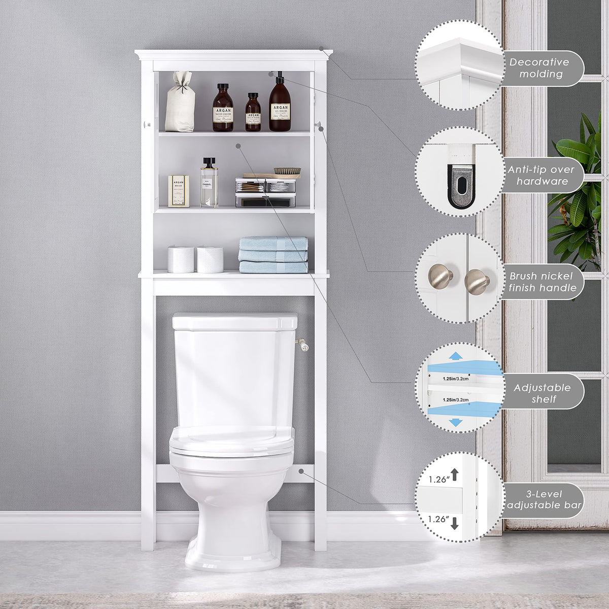 Over the Toilet Storage Cabinet with Doors and Adjustable Shelf V191353