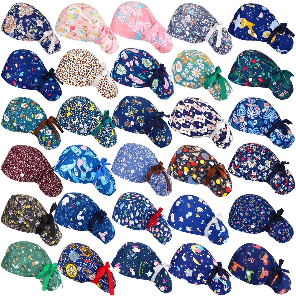 30 Pcs Scrub Caps with Buttons and Ribbon W906