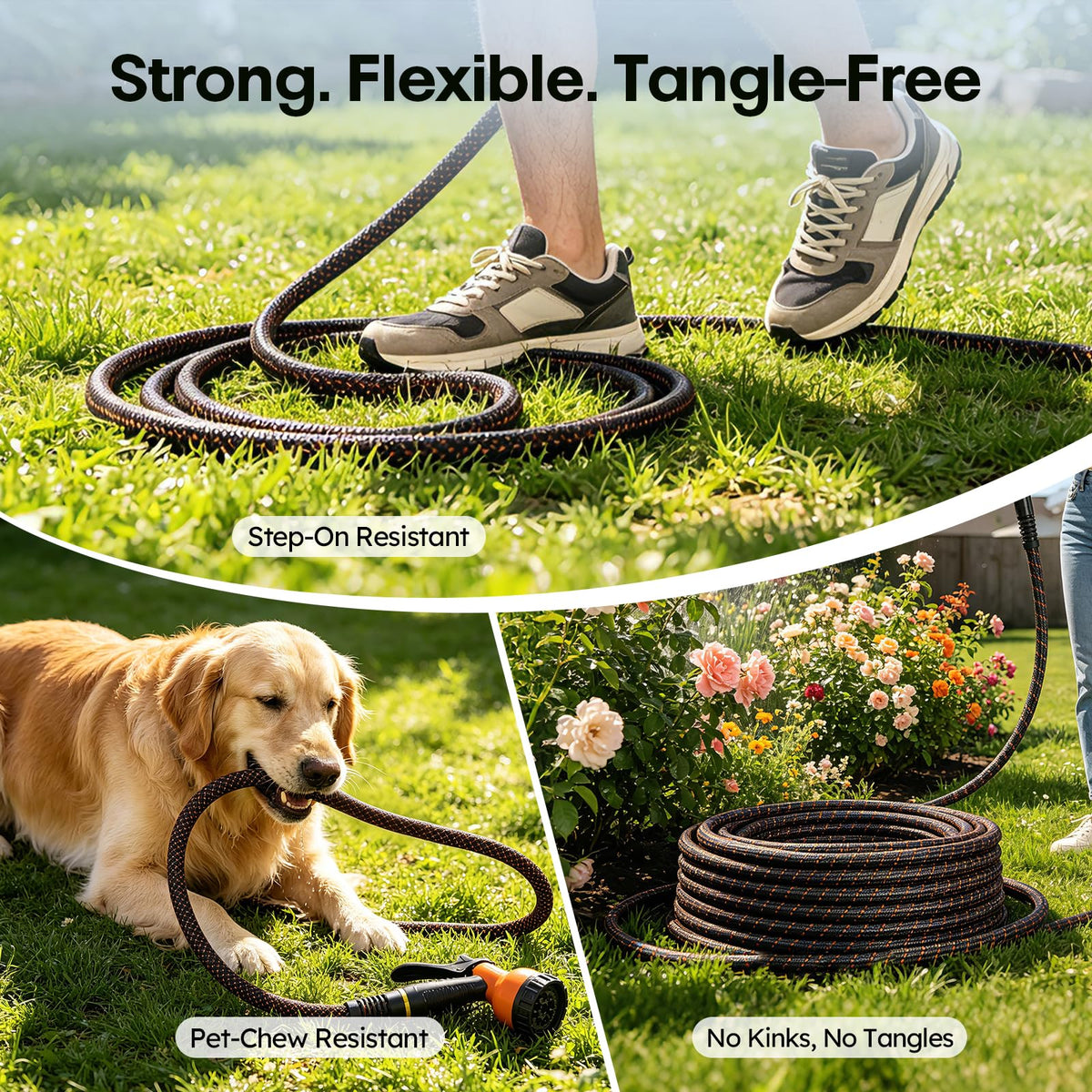 3/4" Flexible Non-Expandable Garden Hose with 10 Function Nozzle, 100ft B807
