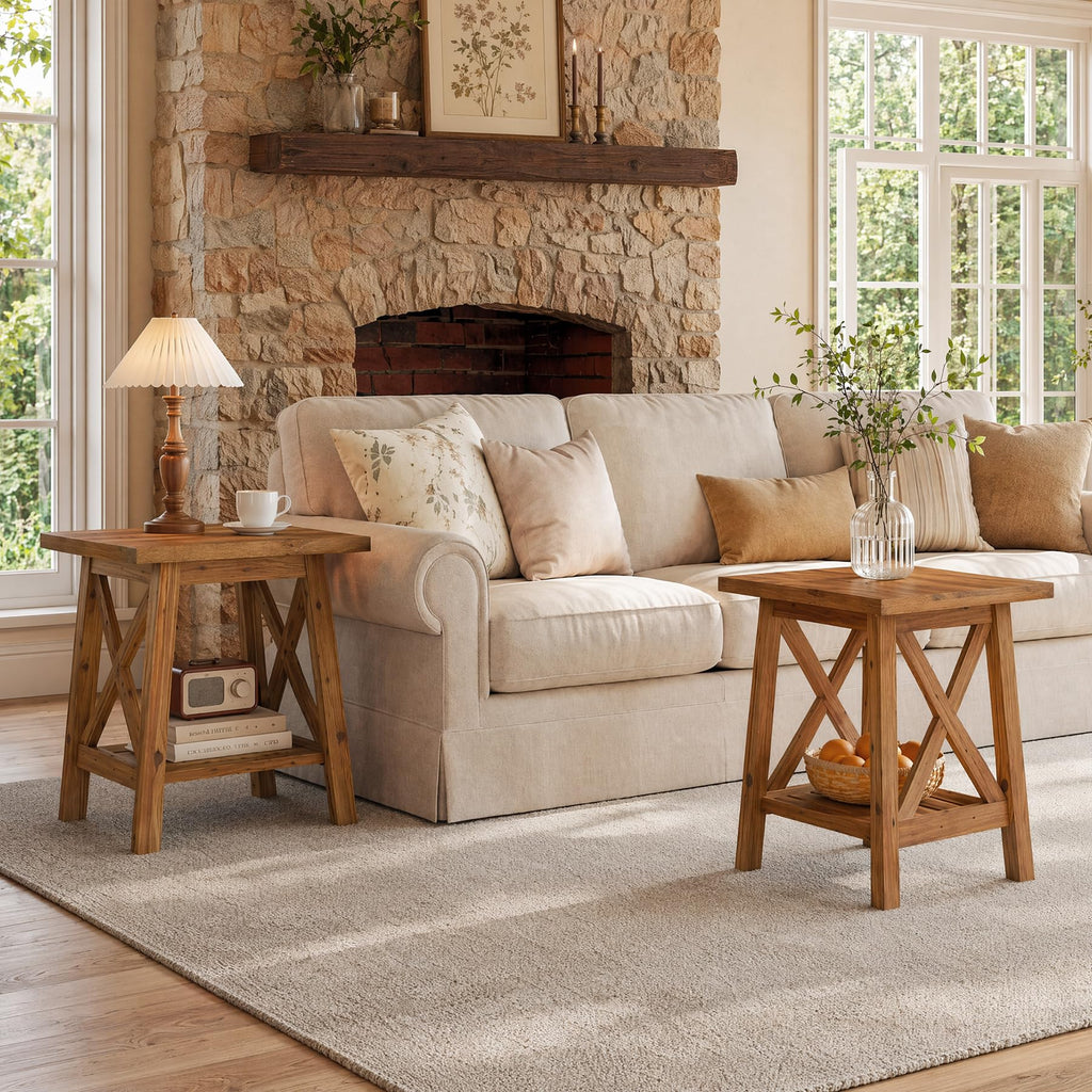 Solid Wood End Table Set of 2, Square Side Table with Storage, 2-Tier Nightstand, Brown Z19231