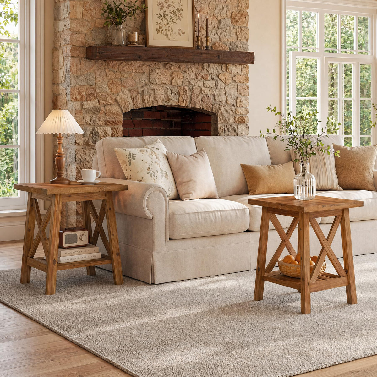 Solid Wood End Table Set of 2, Square Side Table with Storage, 2-Tier Nightstand, Brown Z19231
