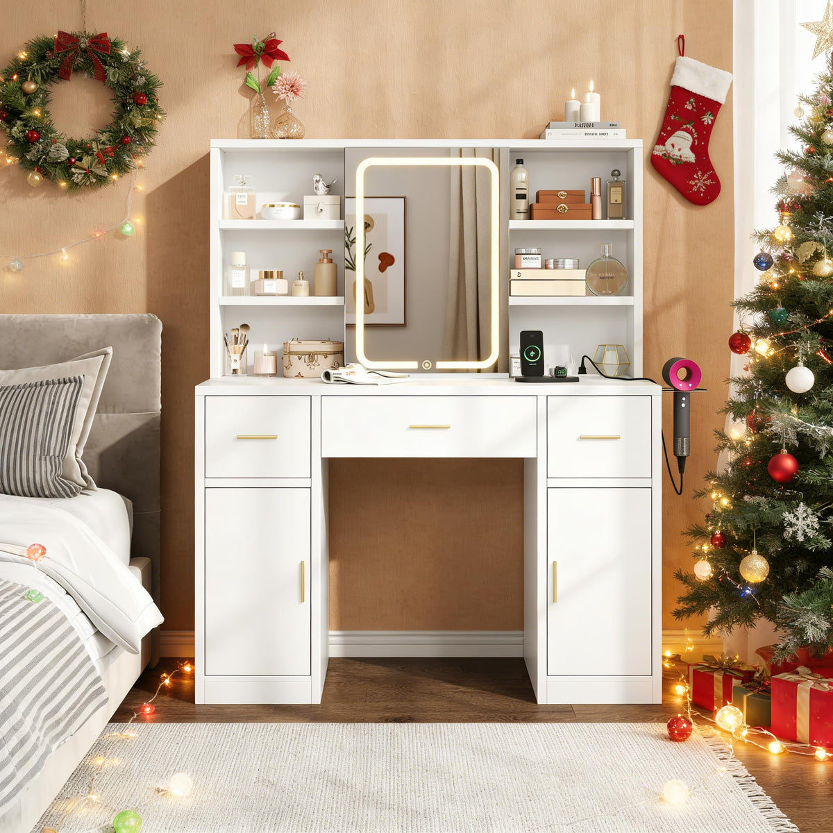 White Vanity Desk with Sliding Mirror and LED Lights W964172