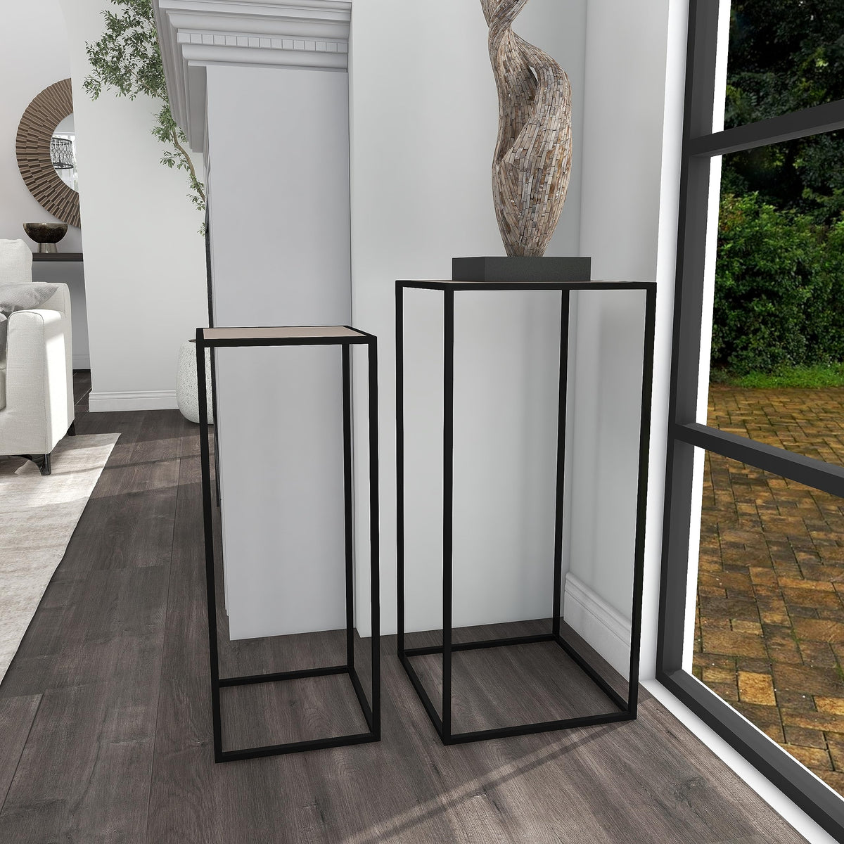 Black Metal End Table with Brown Wood Tops, Set of 2 W632621