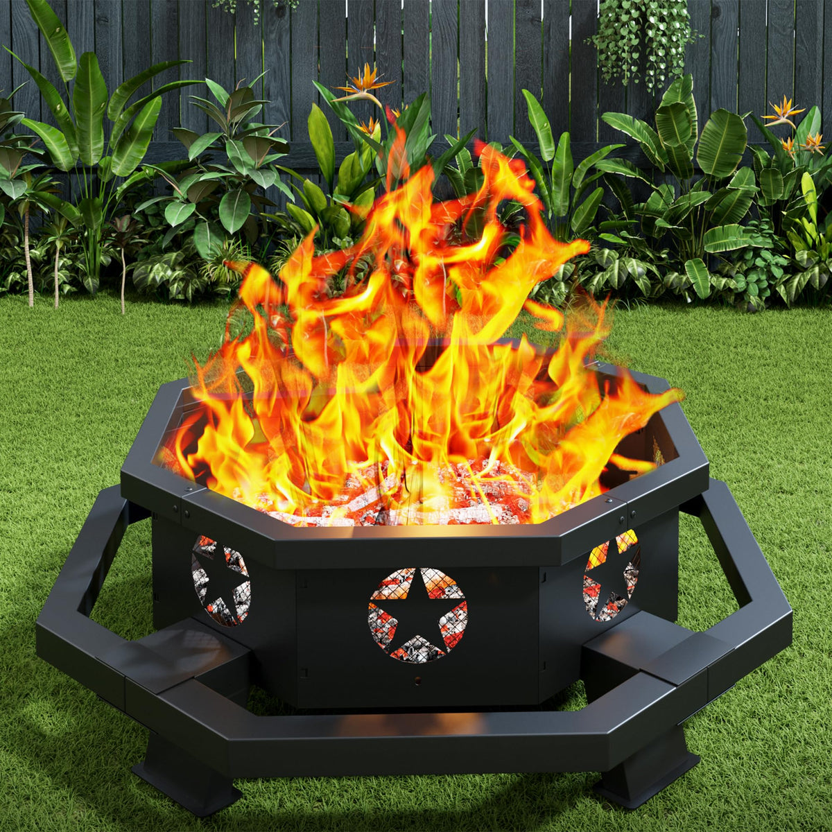 45 Inch Black Wood Burning Octagonal Fire Pit with Poker Y887