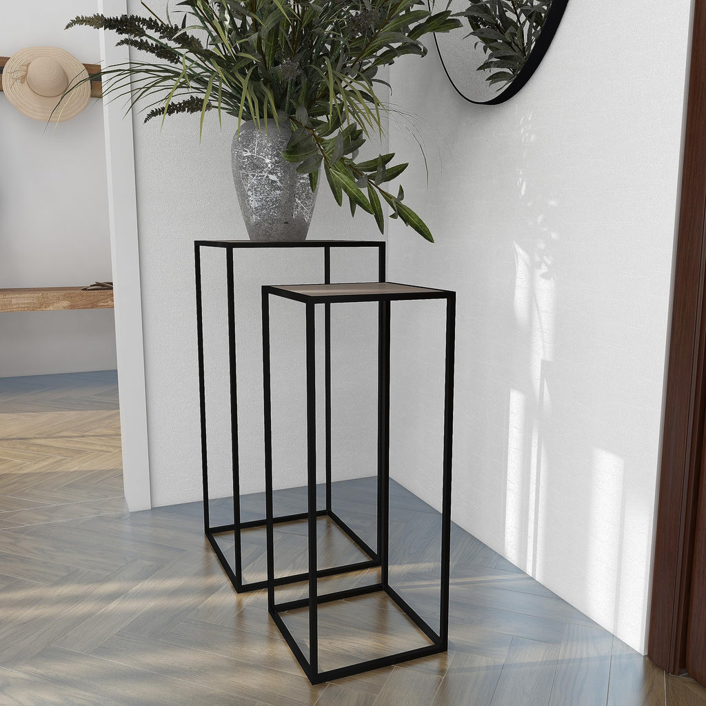 Black Metal End Table with Brown Wood Tops, Set of 2 W632621