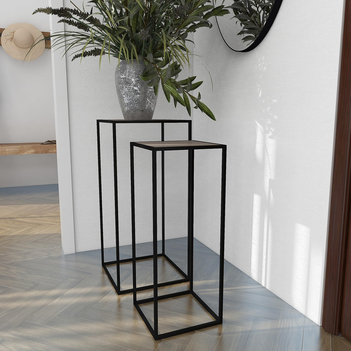 Black Metal End Table with Brown Wood Tops, Set of 2 W632621